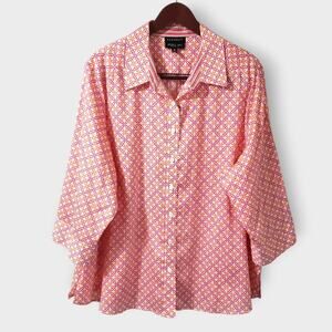 Foxcroft Wrinkle Free Shaped Fit Button Up Shirt Pink Orange Geo Print Sz 22W